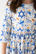 Mila & Rose ® Happy Hanukkah 3/4 Sleeve Pocket Twirl Dress — main product shot