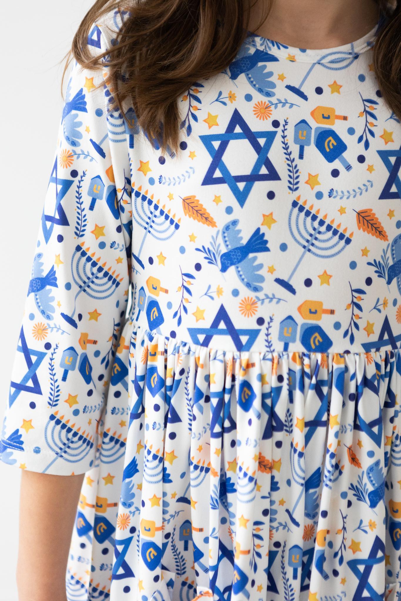 Mila & Rose ® Happy Hanukkah 3/4 Sleeve Pocket Twirl Dress — main product shot