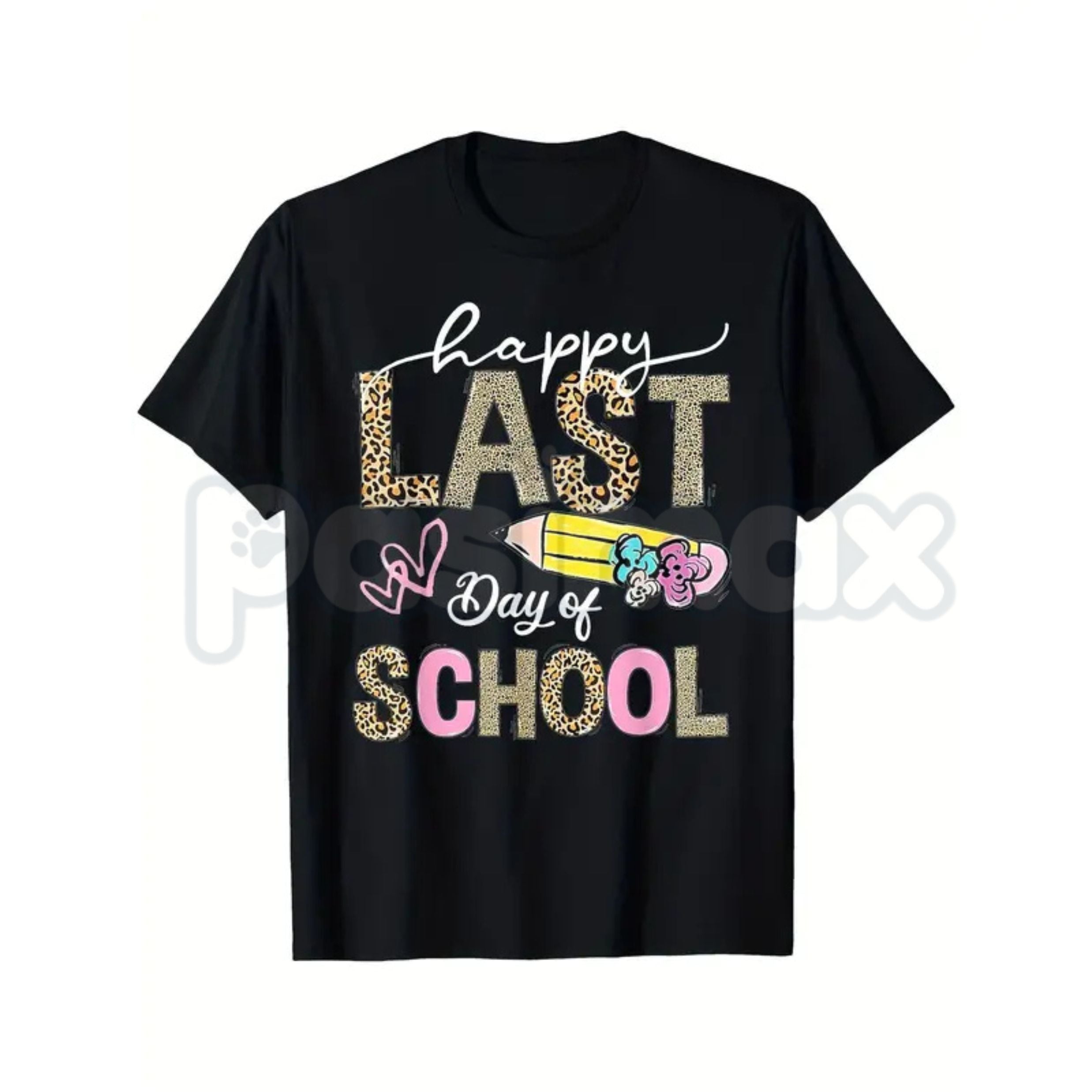 "Happy Last Day Of School" Leopard Graphic T-Shirt – Trendy 2026 Teacher & Student Keepsake Tee, Remastered Heavy Cotton Animal Print Top, Soft Lived-In Heavyweight School Spirit Shirt, Made in USA