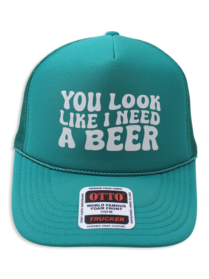 Luckless Outfitters You Look Like I Need A Beer Trucker Hat — detail close-up