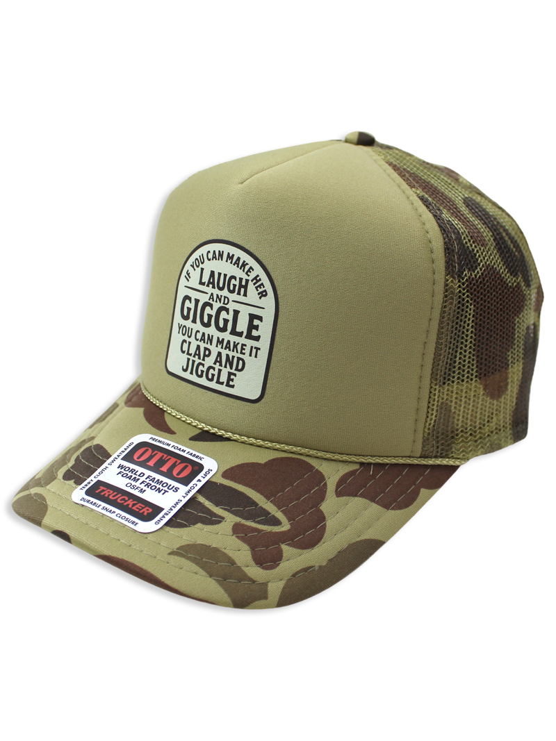 Luckless Outfitters Laugh & Giggle Trucker Hat — detail close-up