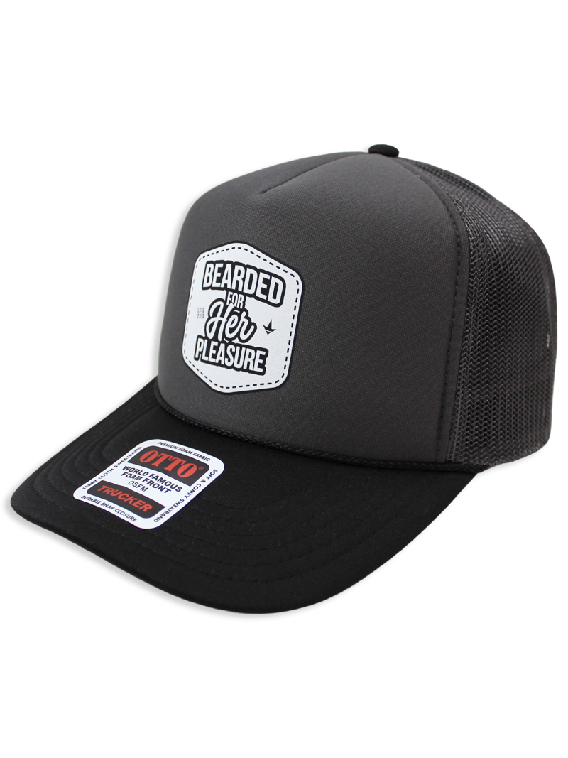 Luckless Outfitters Bearded For Her Pleasure Trucker Hat — detail close-up