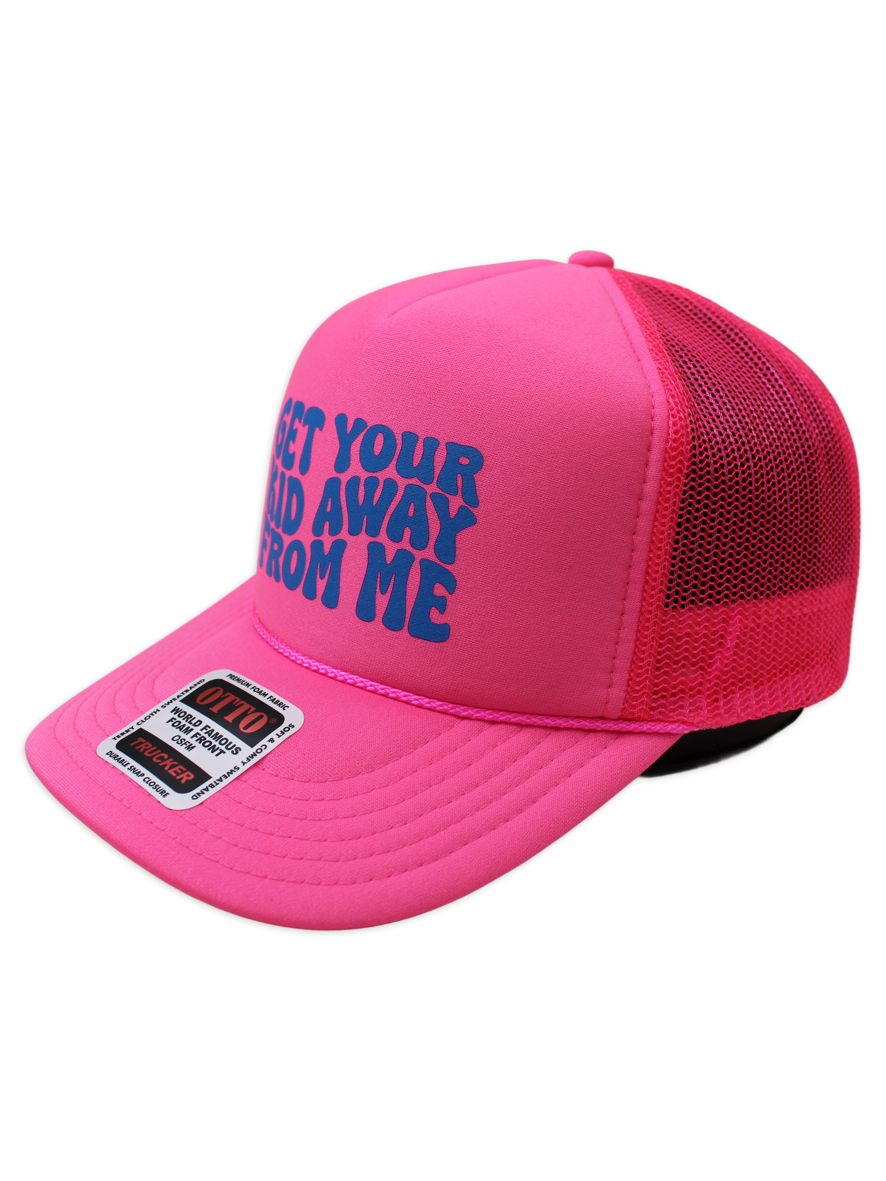 Luckless Outfitters Get Your Kid Away From Me Trucker Hat — detail close-up