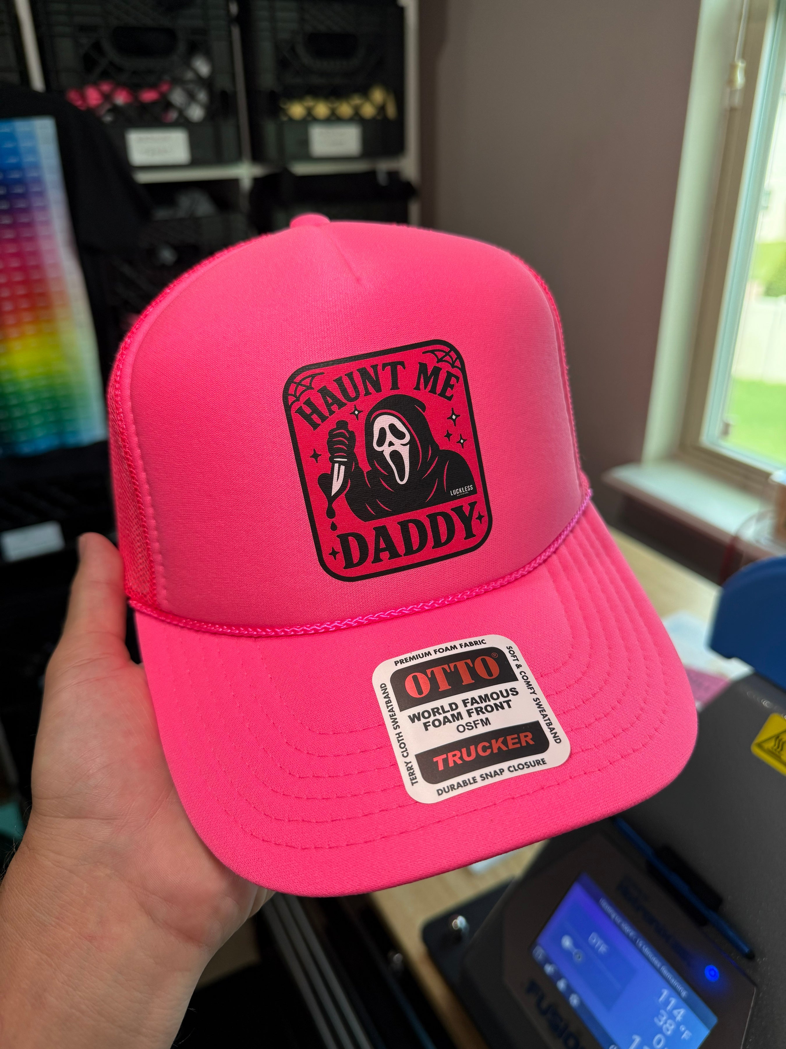 Luckless Outfitters Haunt Me Daddy Trucker Hat — back view