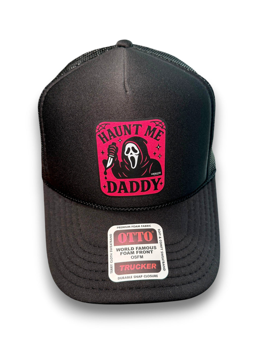 Luckless Outfitters Haunt Me Daddy Trucker Hat — detail close-up
