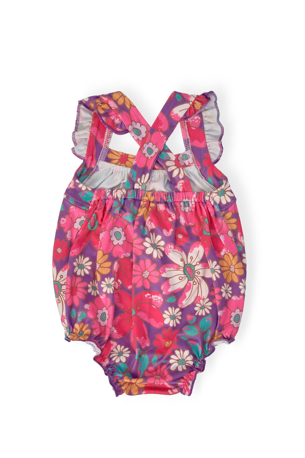 Mila & Rose ® Hawaiian Floral Ruffle Cross Back Romper — back view