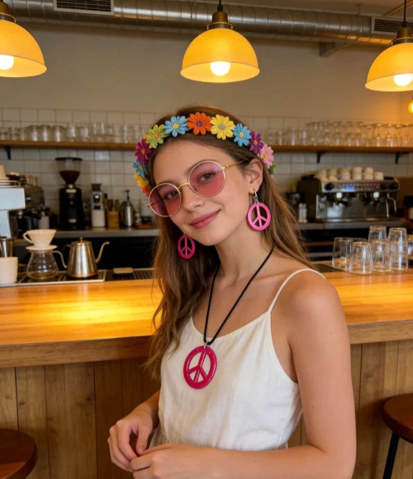 PESENAR  60s Hippie Costume Accessory Set with Flower Headband, Pink Sunglasses and Peace Sign Jewelry
