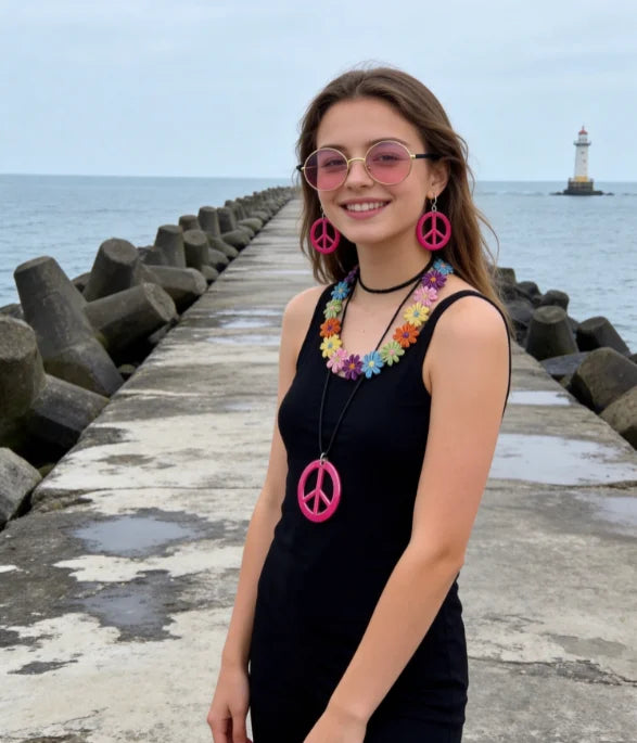 PESENAR  60s Hippie Costume Accessory Set with Flower Headband, Pink Sunglasses and Peace Sign Jewelry