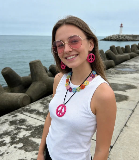 PESENAR  60s Hippie Costume Accessory Set with Flower Headband, Pink Sunglasses and Peace Sign Jewelry