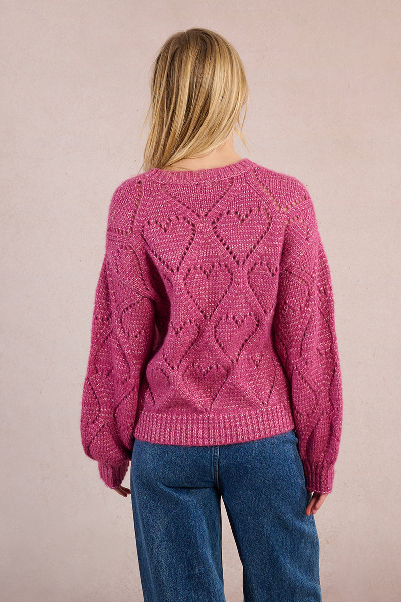 KADOU BOUTIQUE Heart Metallic Knit Sweater — detail close-up
