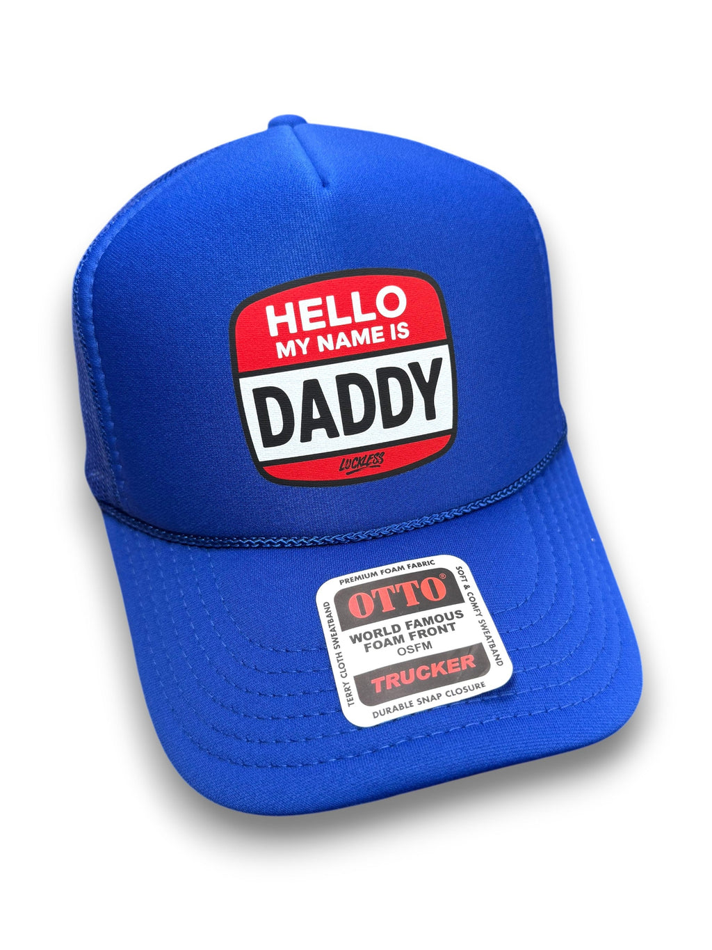 Luckless Outfitters Hello My Name is Daddy Trucker Hat — detail close-up