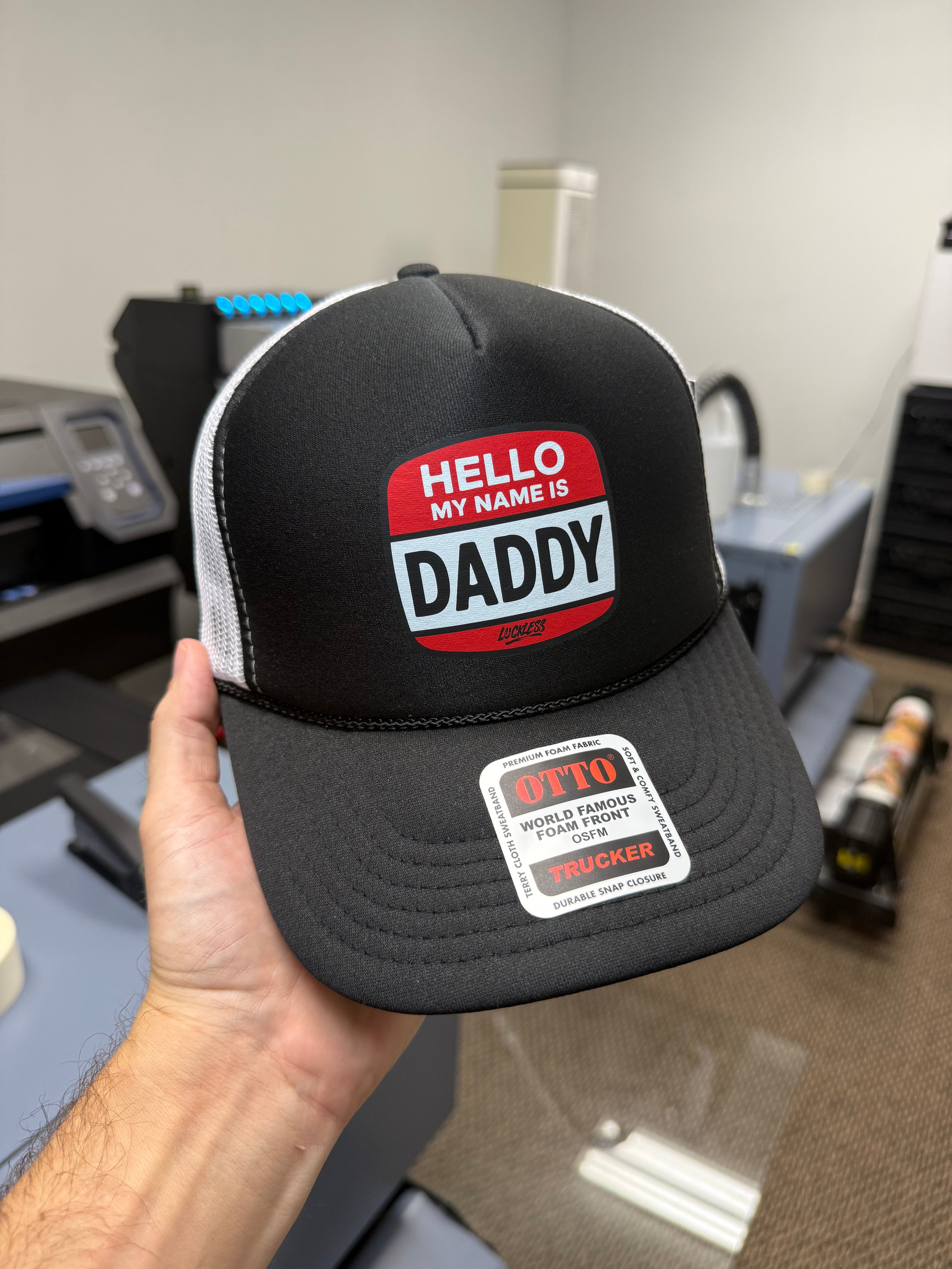 Luckless Outfitters Hello My Name is Daddy Trucker Hat — side view