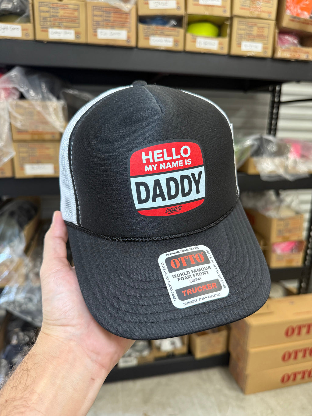 Luckless Outfitters Hello My Name is Daddy Trucker Hat — back view