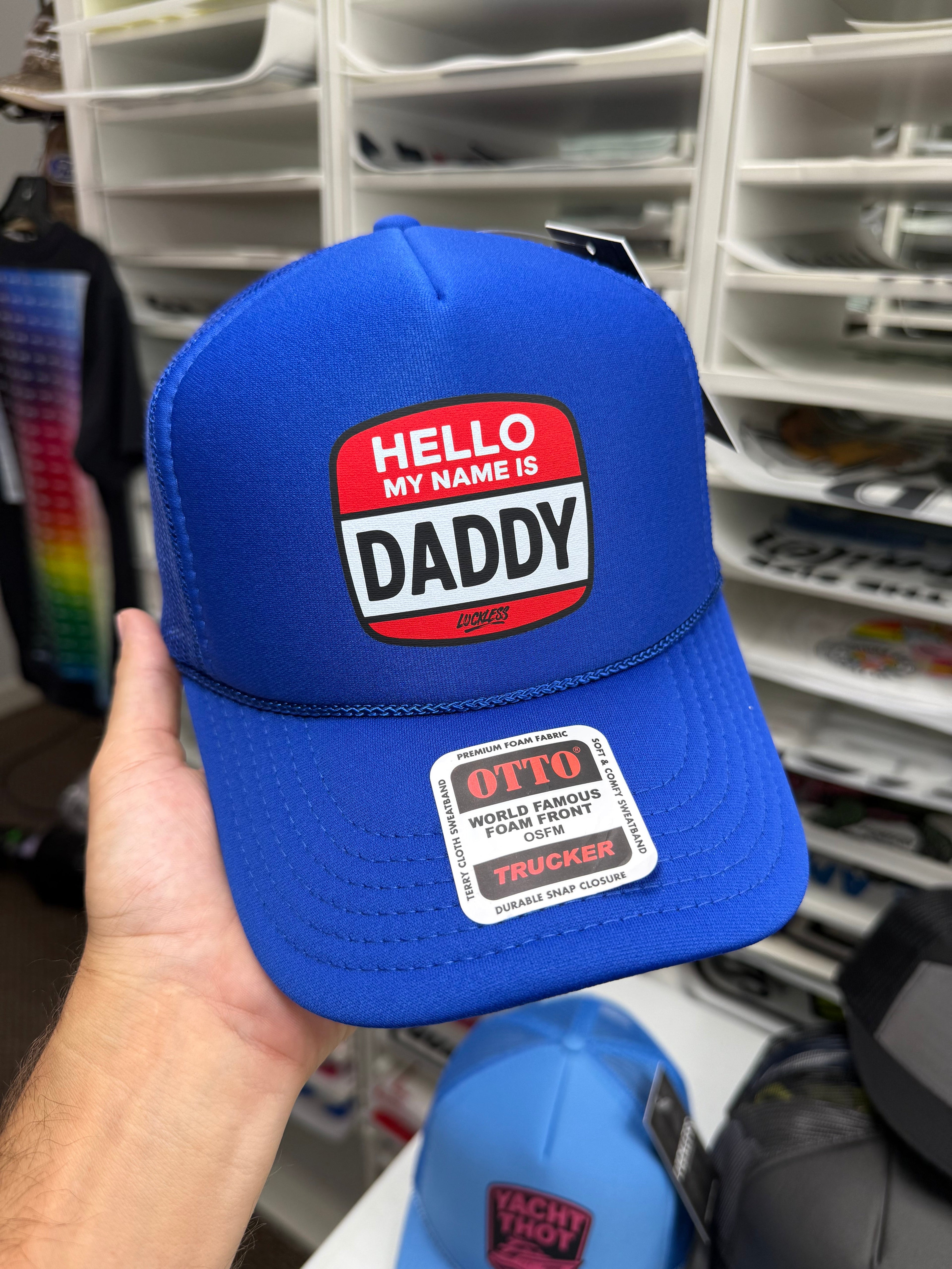 Luckless Outfitters Hello My Name is Daddy Trucker Hat — alternative angle