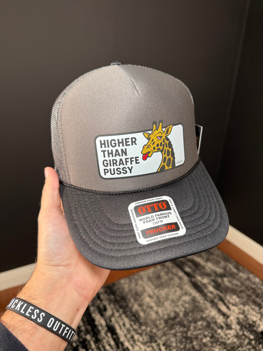 Luckless Outfitters Higher Than Giraffe Pussy Trucker Hat — back view