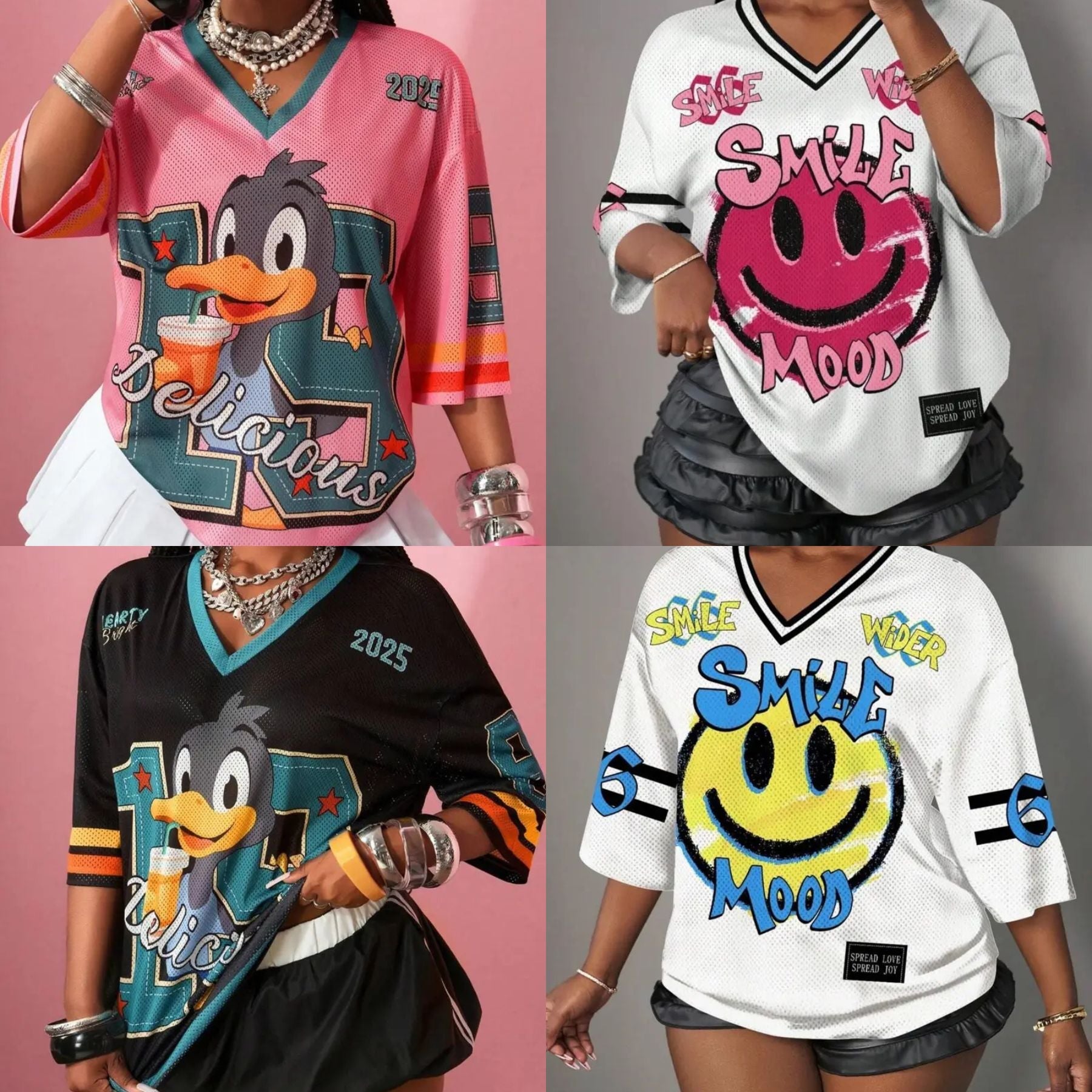 Hip-Hop Sporty Loose Mesh V-Neck Retro T-Shirt – Doll Drop Shoulder Short Sleeve Streetwear Tee