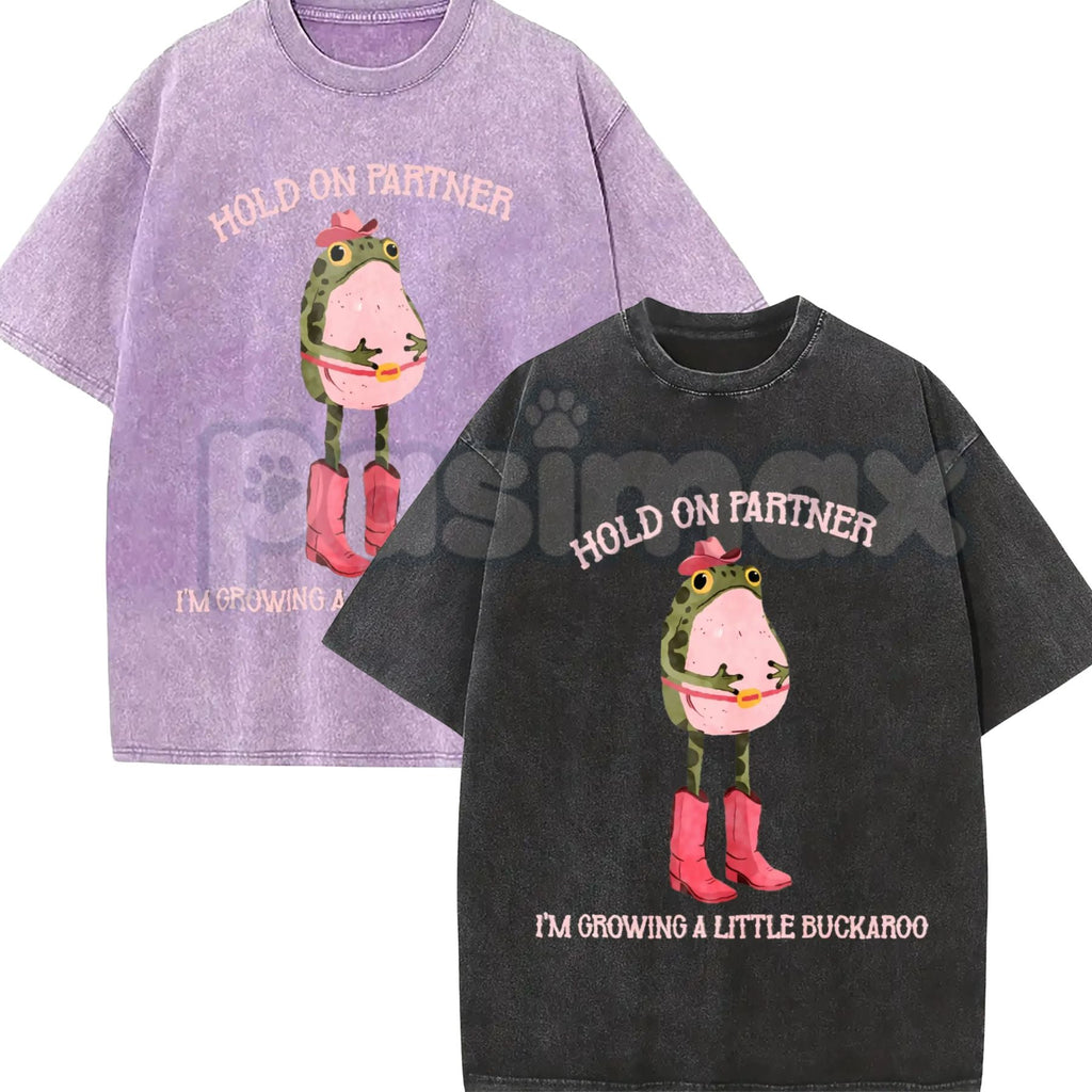 Hold On Partner I'm Growing A Little Buckaroo T-Shirt – Cowboy Baby Western Pregnancy Announcement, Lightweight Retro Cotton Graphic Tee