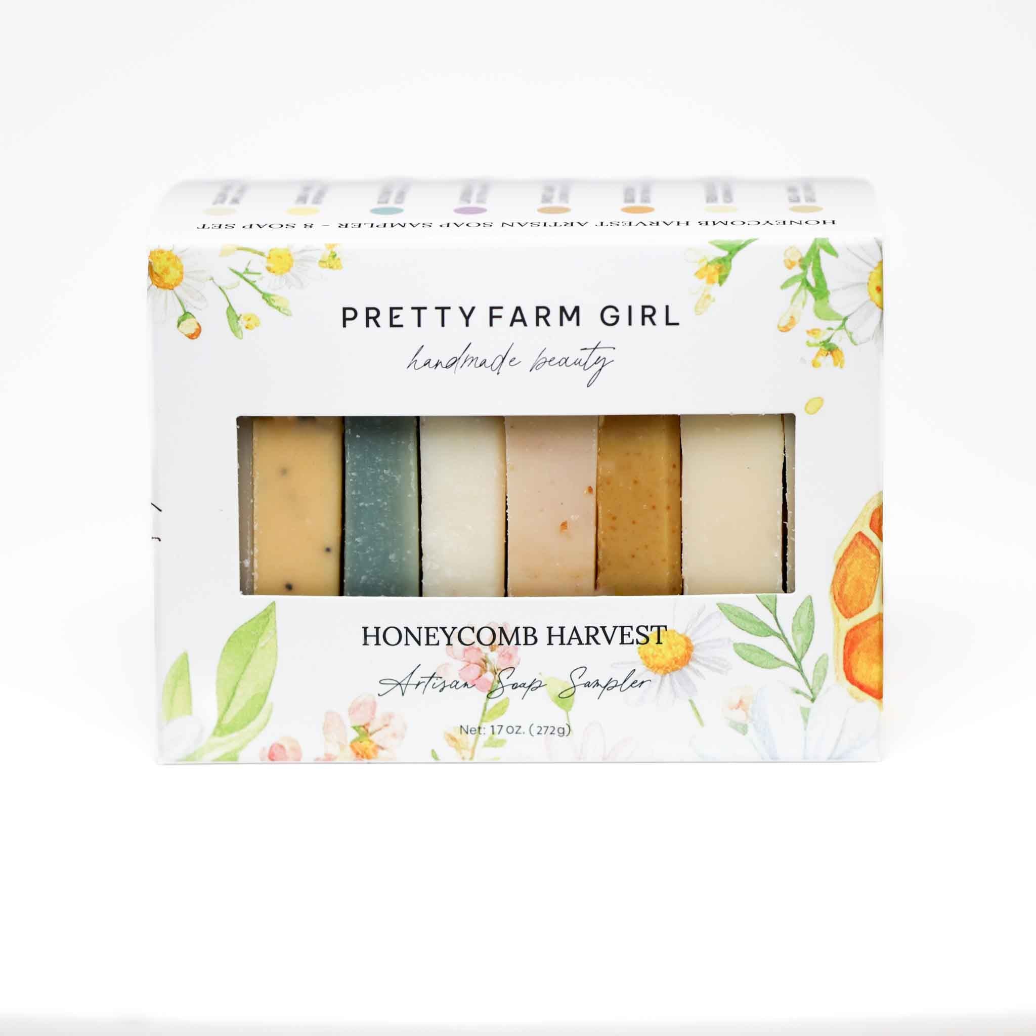 Pretty farm girl Honeycomb Harvest  Goat Milk & Tallow Soap Sampler — back view
