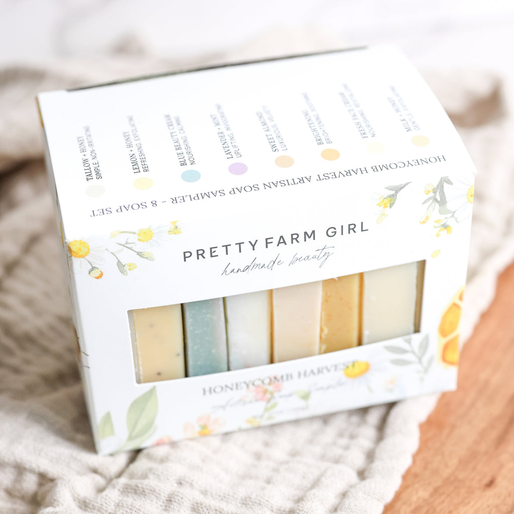 Pretty farm girl Honeycomb Harvest  Goat Milk & Tallow Soap Sampler — side view