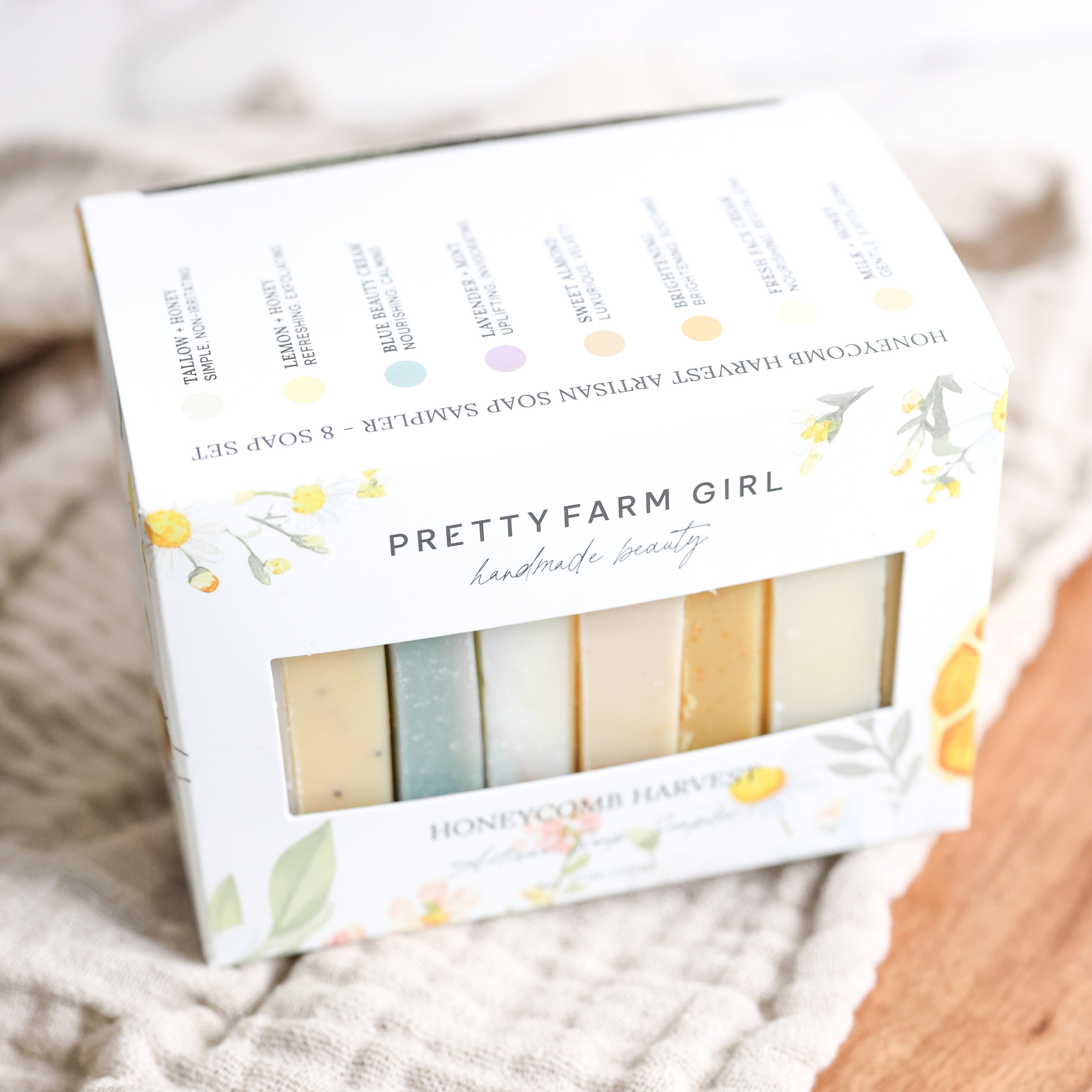 Pretty farm girl Honeycomb Harvest  Goat Milk & Tallow Soap Sampler — side view