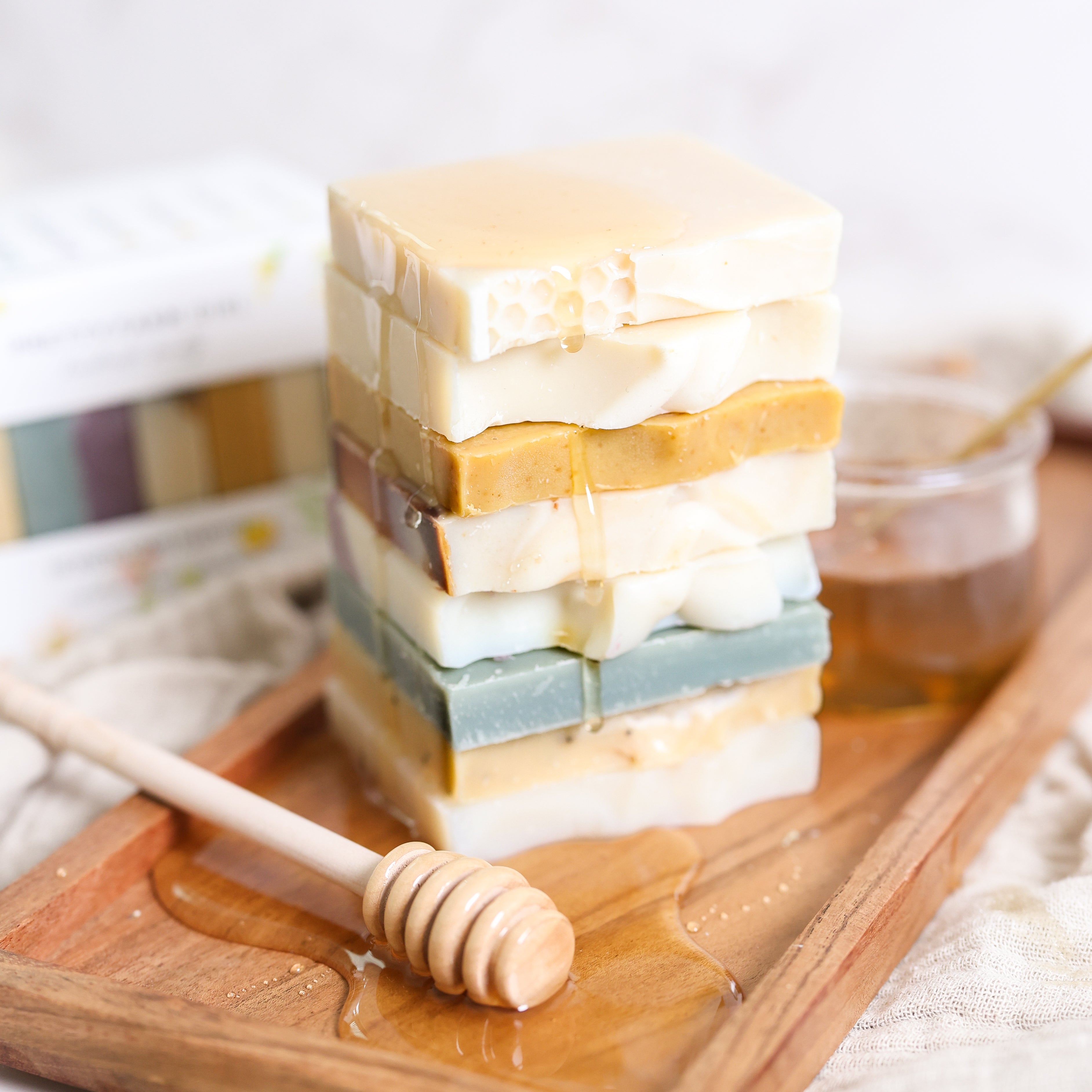 Pretty farm girl Honeycomb Harvest  Goat Milk & Tallow Soap Sampler — lifestyle context