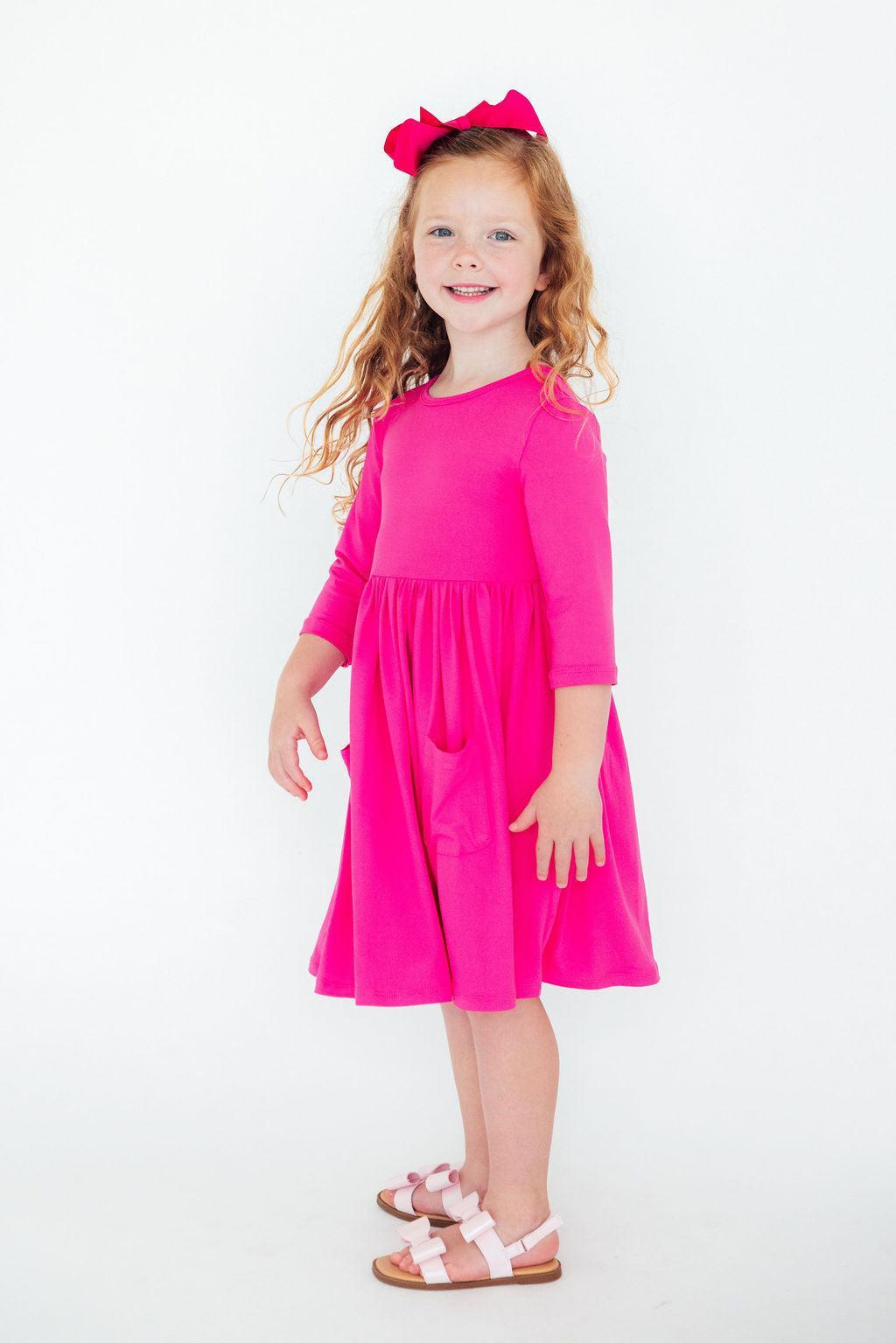Mila & Rose ® Hot Pink 3/4 Sleeve Pocket Twirl Dress — detail close-up