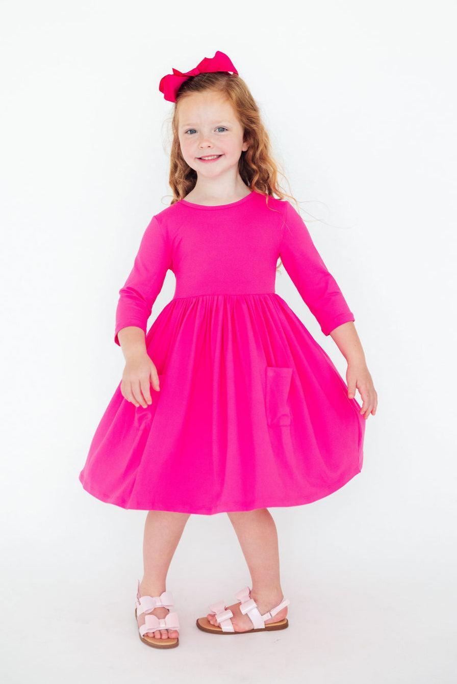 Mila & Rose ® Hot Pink 3/4 Sleeve Pocket Twirl Dress — lifestyle context