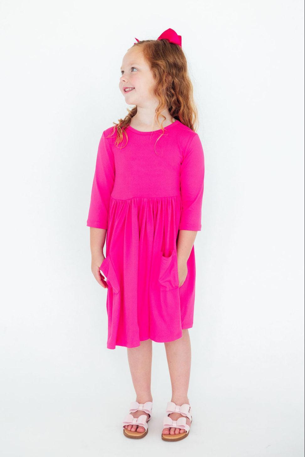 Mila & Rose ® Hot Pink 3/4 Sleeve Pocket Twirl Dress — side view