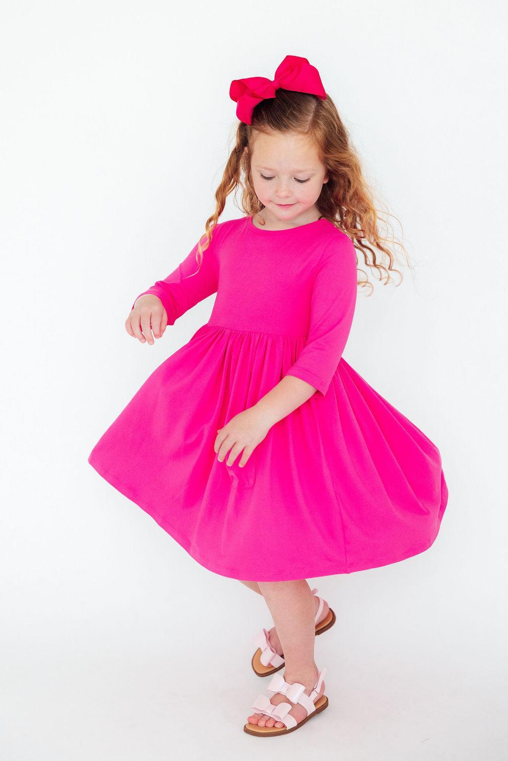 Mila & Rose ® Hot Pink 3/4 Sleeve Pocket Twirl Dress — main product shot