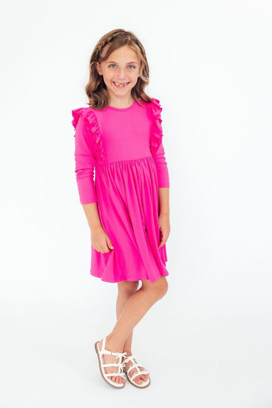 Mila & Rose ® Hot Pink L/S Ruffle Twirl Dress — detail close-up