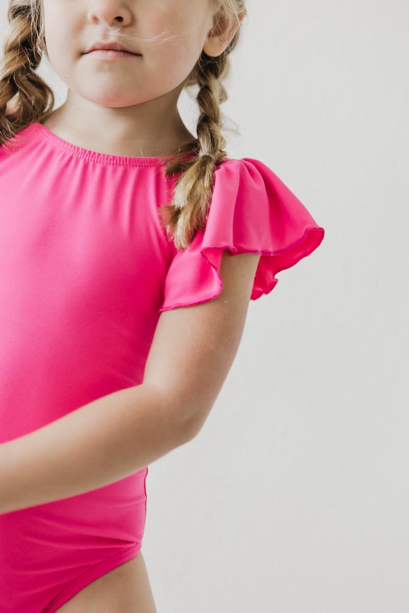 Mila & Rose ® Hot Pink S/S Flutter Sleeve Leotard — back view