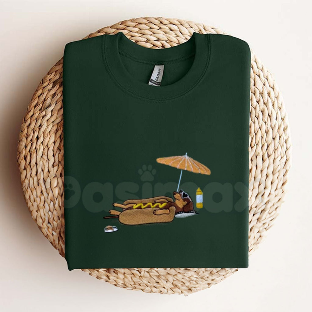 Hot Dog On Beach Dachshund T-Shirt – Embroidered Summer Tee, Funny Doxie Shirt for Beach Lovers & Dog Moms