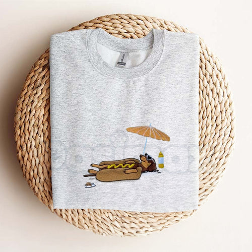 Hot Dog On Beach Dachshund T-Shirt – Embroidered Summer Tee, Funny Doxie Shirt for Beach Lovers & Dog Moms