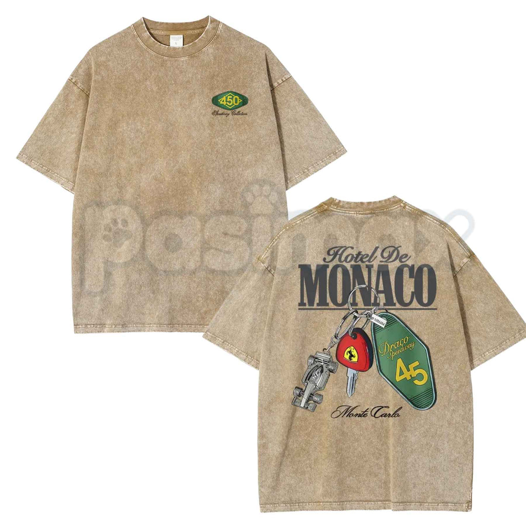 Hotel De Monaco Racing Poster T-Shirt – 90s Retro Grand Prix Graphic Tee, Vintage Washed Lightweight Cotton Motorsport Streetwear Top