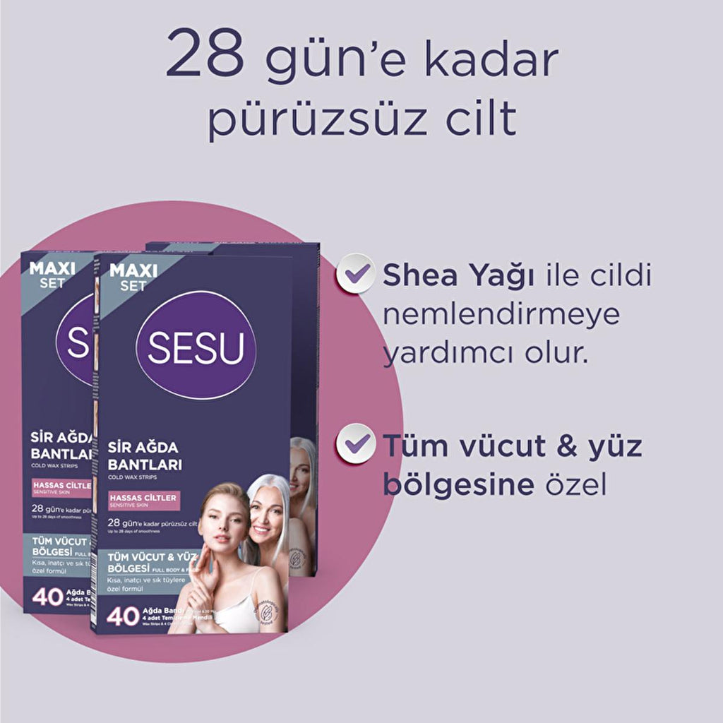 Sesu Sensitive Skin Wax Strips Set - 40 Count, Sugar-Free, Easy Hair Removal for Body & Face
