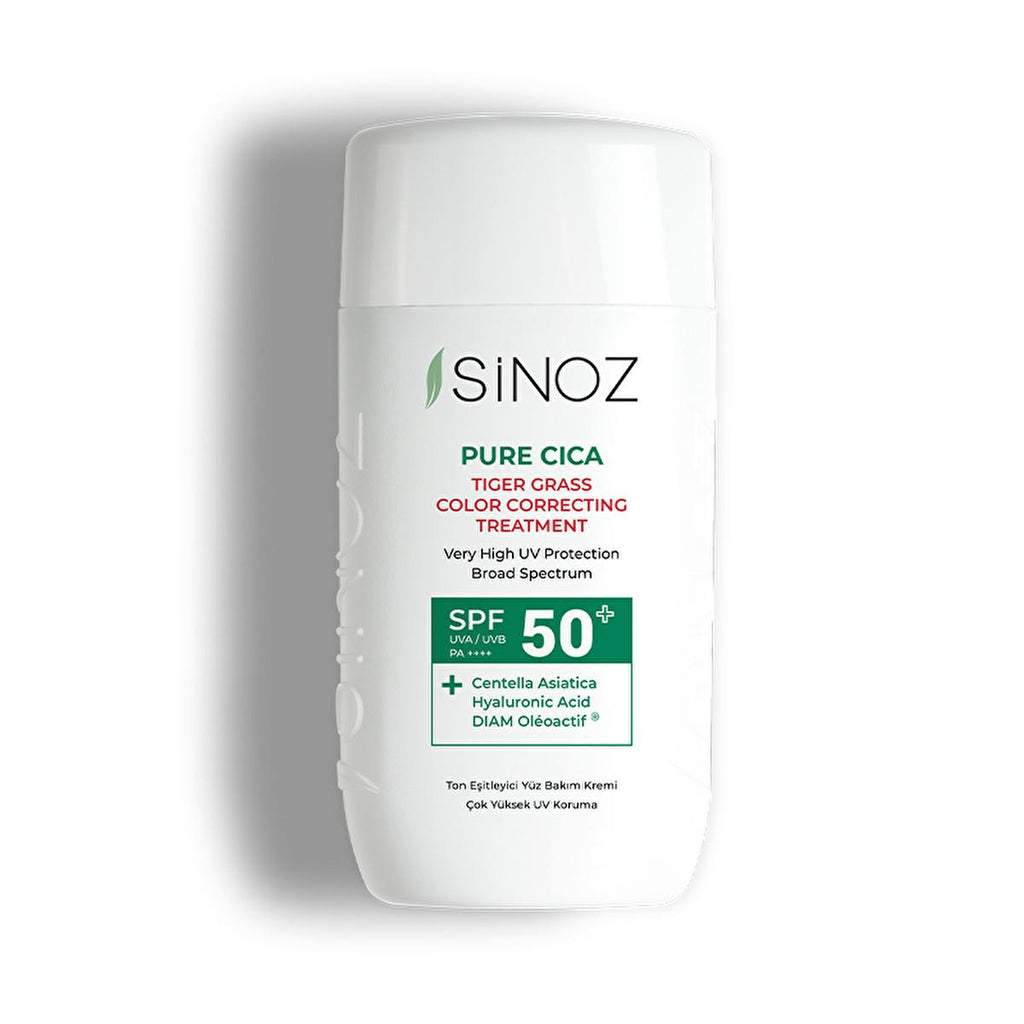 Sinoz Cica Tiger Grass Tinted Sunscreen SPF50+: Color Correcting, Redness Reducing Mineral Sunscreen with Hyaluronic Acid - Evens Skin Tone