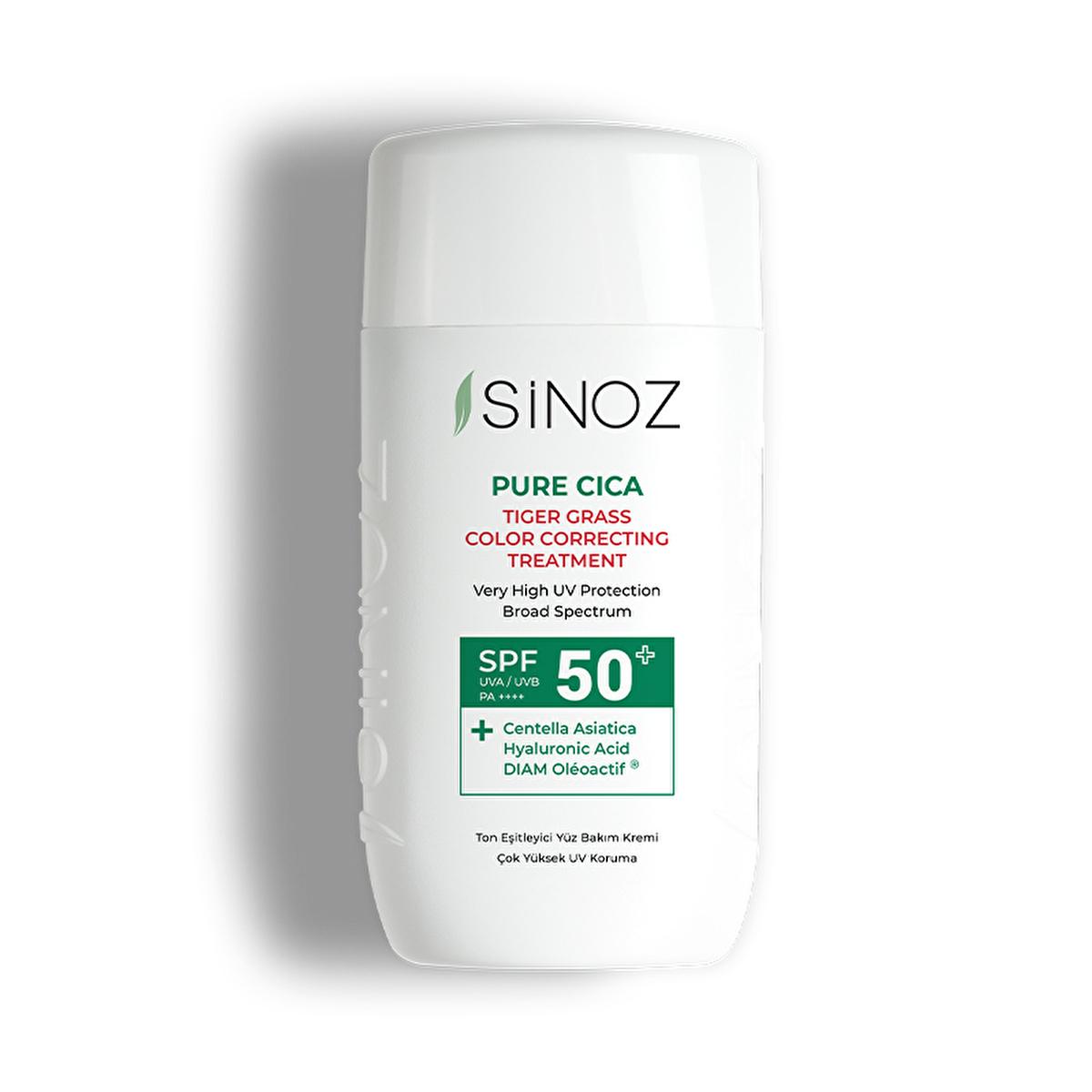 Sinoz Cica Tiger Grass Tinted Sunscreen SPF50+: Color Correcting, Redness Reducing Mineral Sunscreen with Hyaluronic Acid - Evens Skin Tone