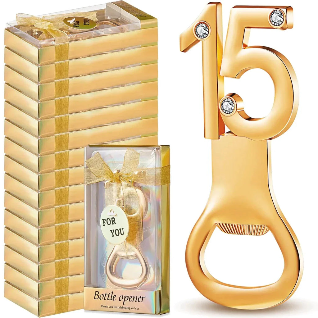 QuinceGold 15th Birthday Party Favors - 36 Gold Bottle Openers with Rhinestone Decorations