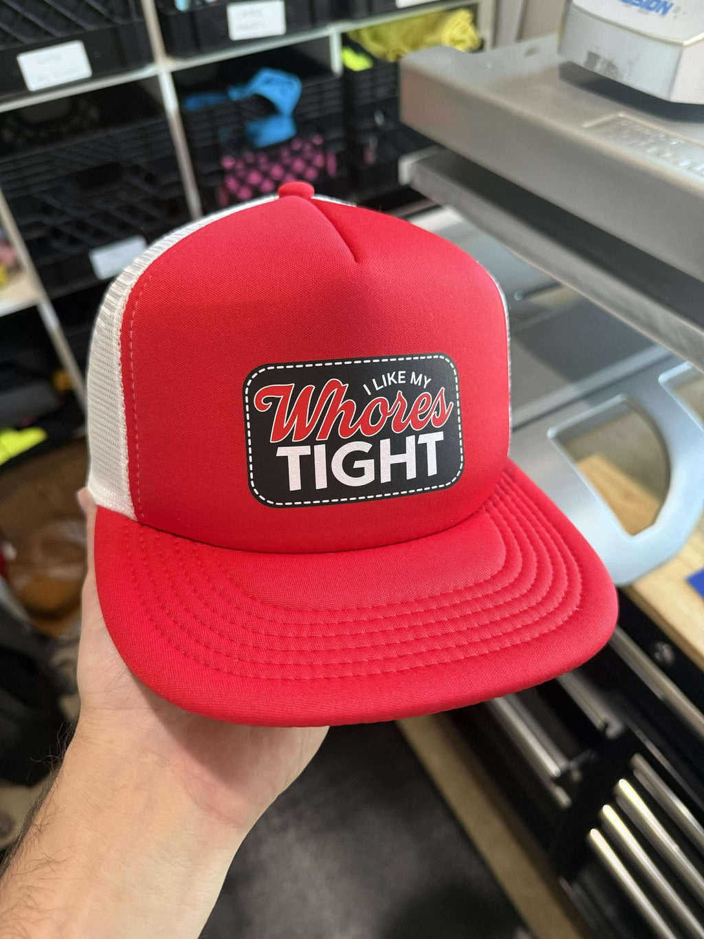 Luckless Outfitters I Like My Whores Tight Foam Trucker Hat — size reference