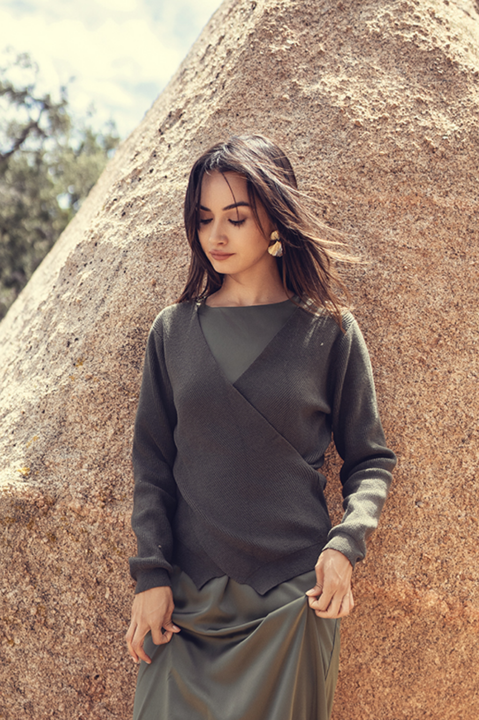 profile-nyc FAUX WRAP SWEATER — lifestyle context