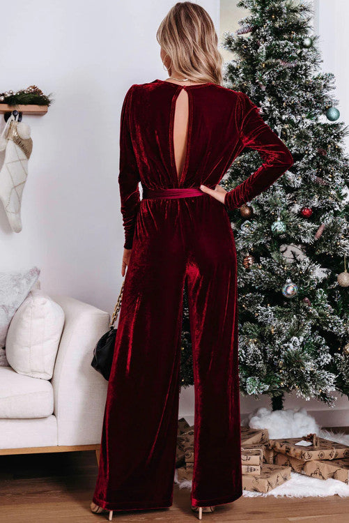 Pretty Little Patriot Pretty Little Patriot Red Velvet Keyhole Jumpsuit — Red detail
