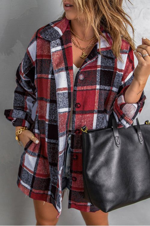 Pretty Little Patriot Pretty Little Patriot Red White and Blue Plaid Shacket — Red detail