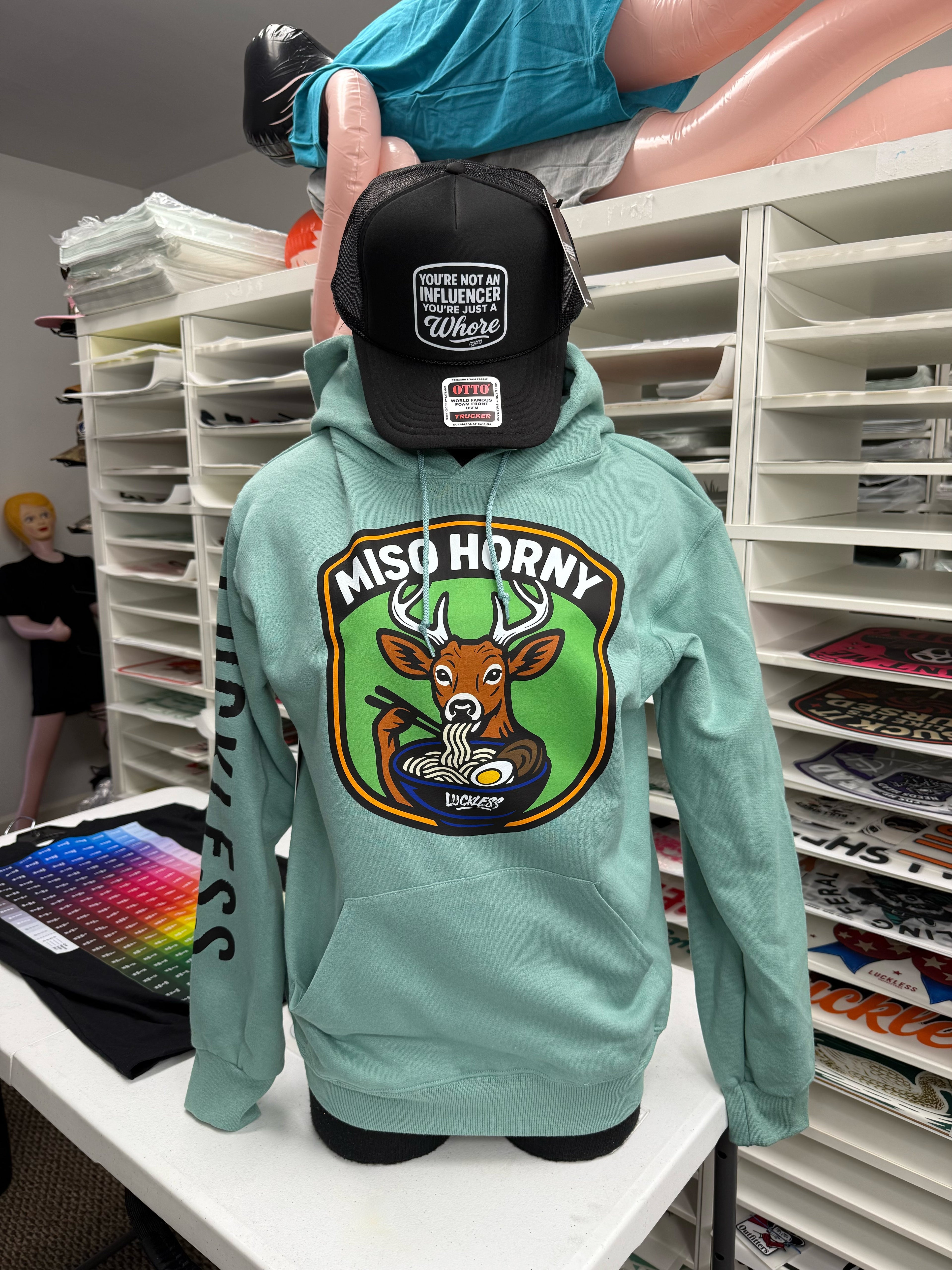 Luckless Outfitters Miso Horny Hoodie — detail close-up