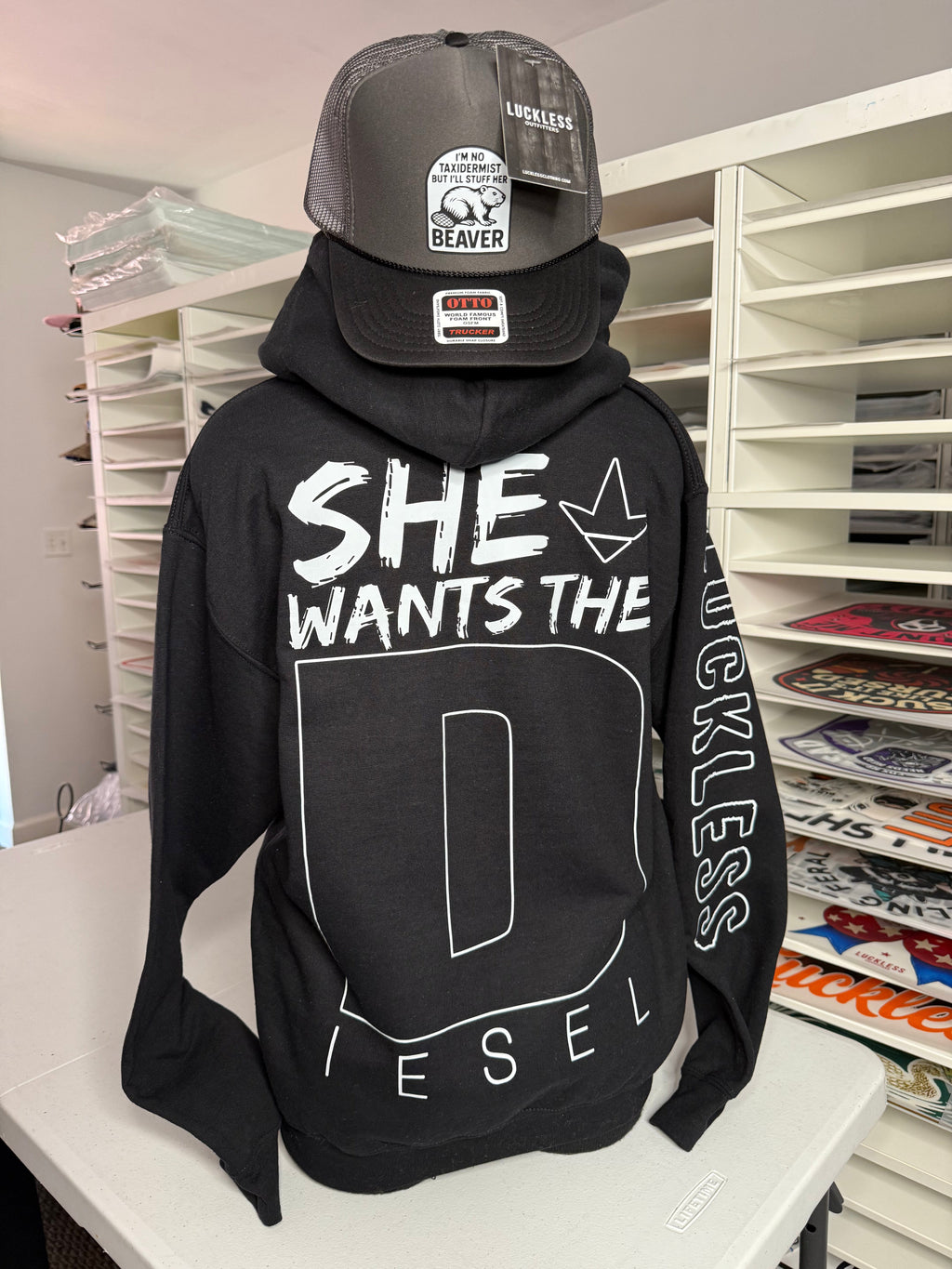Luckless Outfitters She Wants the Diesel Hoodie — back view