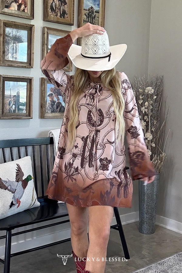 Whiskey Black & Co Lucky & Blessed Camel Rope Printed Drawstring Neckline Dress — dress product shot