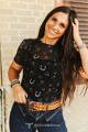 Whiskey Black & Co Lucky & Blessed Black Horseshoe Print Short-Sleeve Mesh Top — top product shot