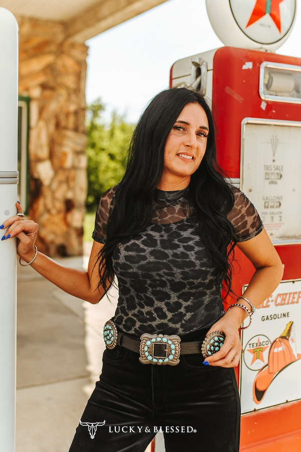 Whiskey Black & Co Lucky & Blessed Grey Leopard Short-Sleeve Mesh Top — top product shot