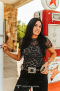 Whiskey Black & Co Lucky & Blessed Grey Leopard Short-Sleeve Mesh Top — top product shot