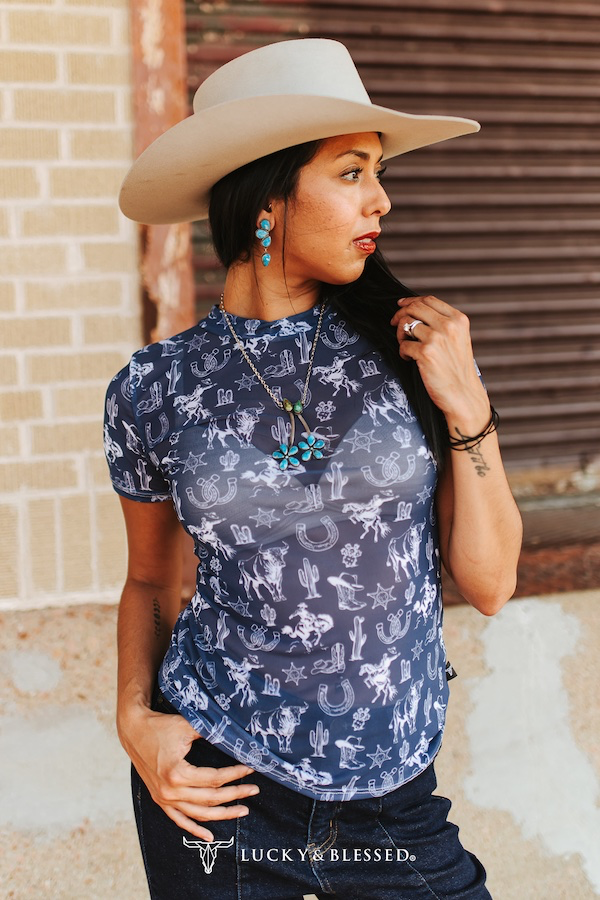 Whiskey Black & Co Lucky & Blessed Western Print Short-Sleeve Mesh Top — top product shot