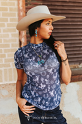 Whiskey Black & Co Lucky & Blessed Western Print Short-Sleeve Mesh Top — top product shot